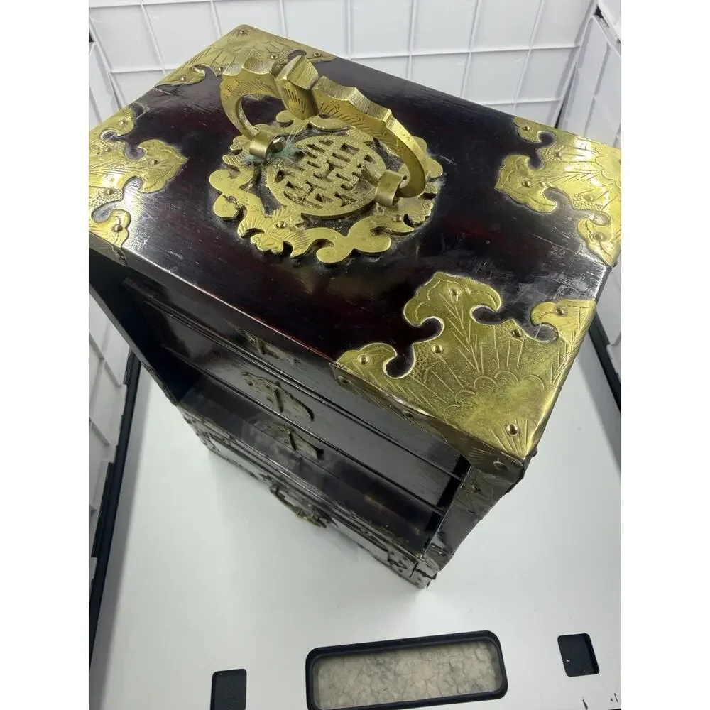 Stunning Antique Asian Jewelry Box w/ Ornate Brass, Chinese Carved Jade Inserts